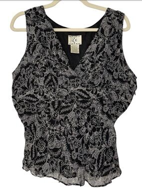Y2K Ice 100% Silk Black & White Floral V-Neck Tank Top